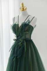 Green Tulle Long A-Line Corset Prom Dress, Spaghetti Straps Evening Dress outfit, Evening Dresses Black