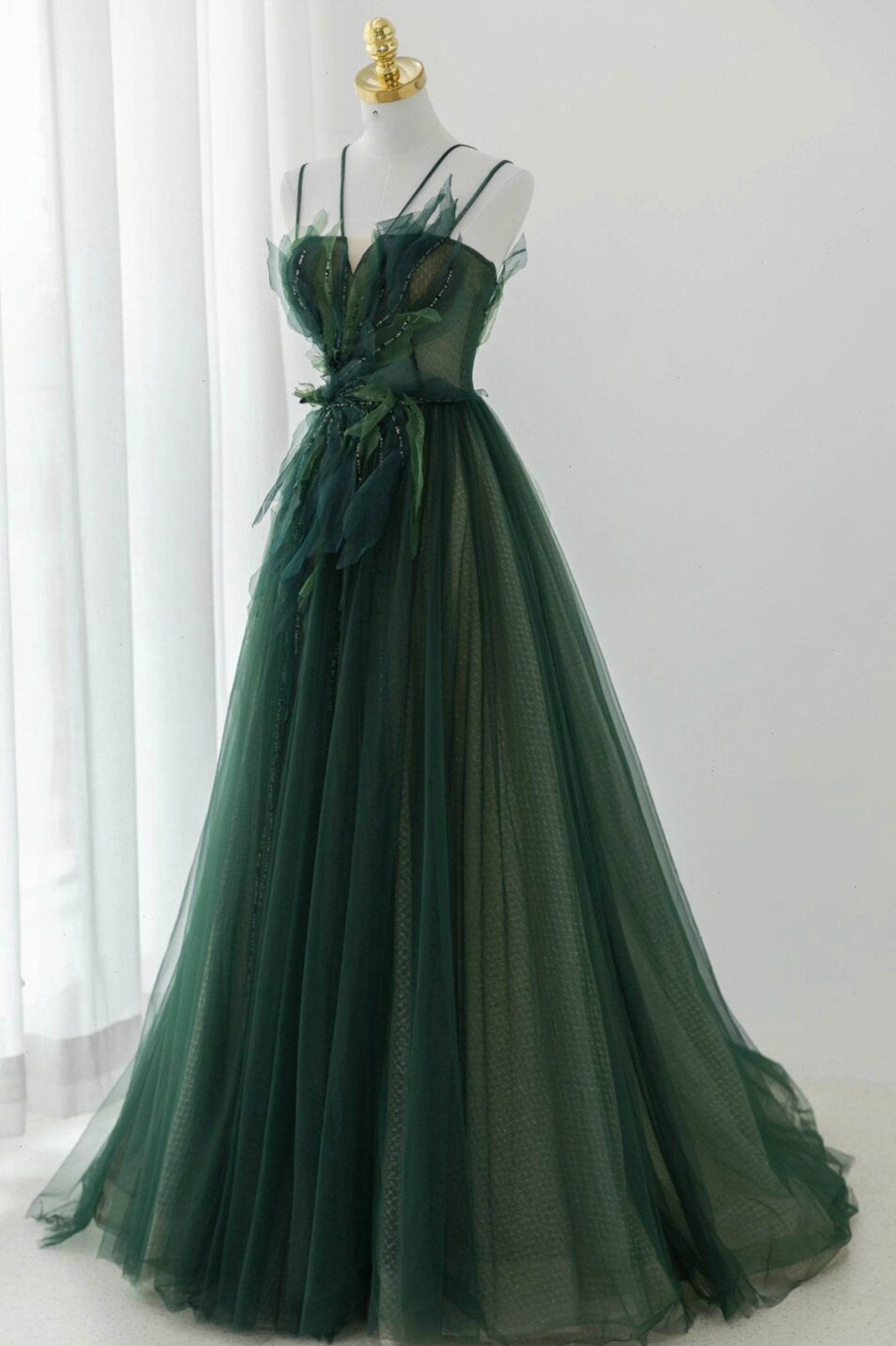 Green Tulle Long A-Line Corset Prom Dress, Spaghetti Straps Evening Dress outfit, Evening Dress Gowns