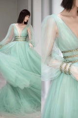 Green Tulle Long Corset Prom Dress with Sequins, Green Long Sleeve Evening Party Dress Outfits, Prom Dresses Inspired