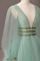 Green Tulle Long Corset Prom Dress with Sequins, Green Long Sleeve Evening Party Dress Outfits, Prom Dresses Inspiration
