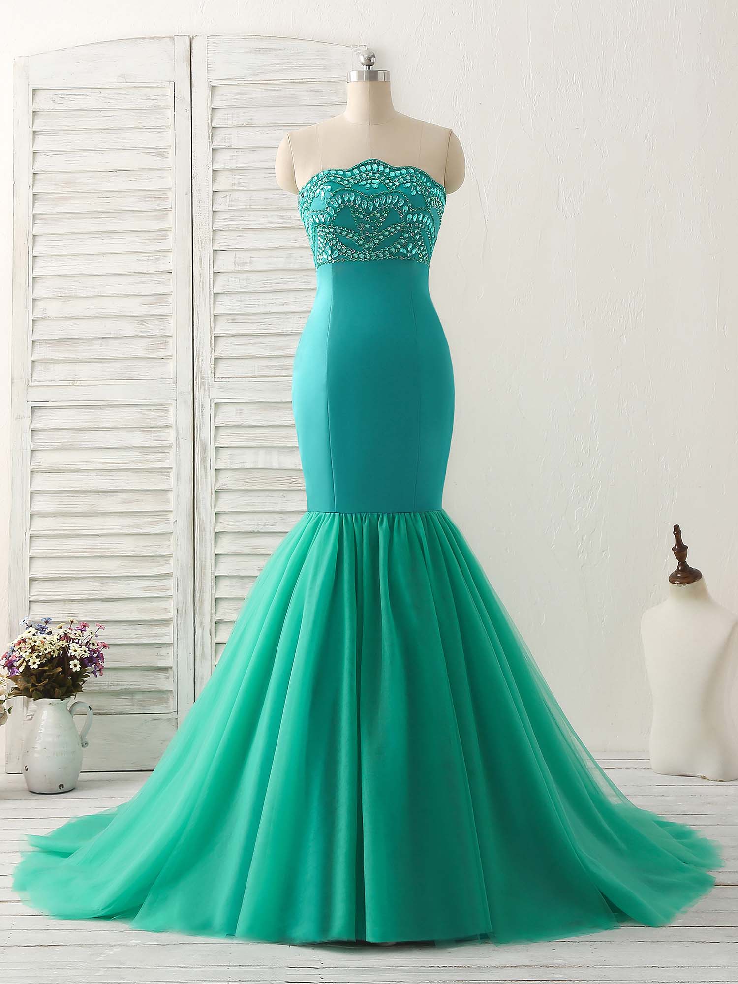 Green Tulle Mermaid Long Corset Prom Dress Green Evening Dress outfit, Formal Dress Outfits