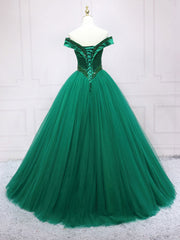Green Tulle Off Shoulder Tulle Beads Long Corset Prom Dress, Green Corset Formal Graduation Dresses outfit, Bridesmaids Dresses Red