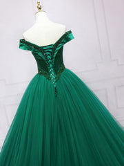 Green Tulle Off Shoulder Tulle Beads Long Corset Prom Dress, Green Corset Formal Graduation Dresses outfit, Wedding