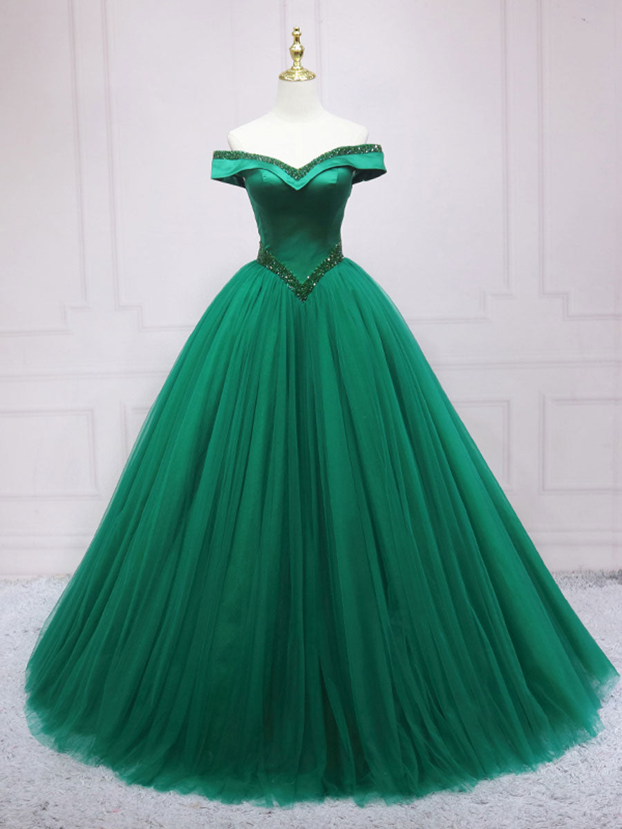 Green Tulle Off Shoulder Tulle Beads Long Corset Prom Dress, Green Corset Formal Graduation Dresses outfit, Bridesmaids Dress Red