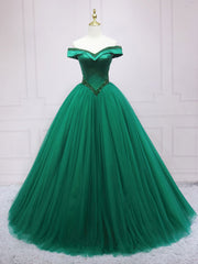 Green Tulle Off Shoulder Tulle Beads Long Corset Prom Dress, Green Corset Formal Graduation Dresses outfit, Bridesmaids Dress Red