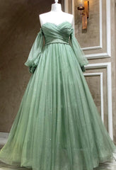 Green Tulle Puffy Sleeves A-line Corset Formal Dresses, Green Long Evening Gown outfits, Best Prom Dress