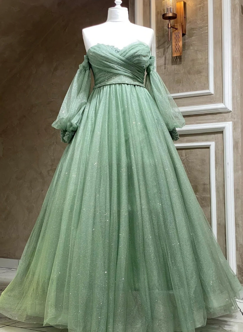 Green Tulle Puffy Sleeves A-line Corset Formal Dresses, Green Long Evening Gown outfits, Satin Prom Dress