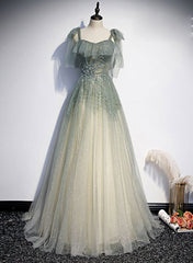 Green Tulle Straps A-line Beaded Long Corset Prom Dress, Green Evening Party Dress Outfits, Party Dress Long Sleeve Maxi