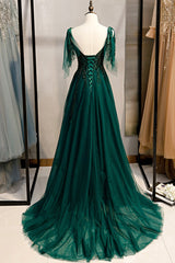Green V-Neck Lace Long Corset Prom Dress, A-Line Spaghetti Straps Evening Dress outfit, Prom Dress Black