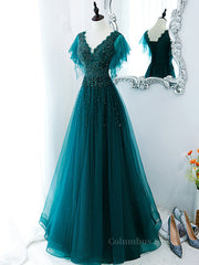 Green v neck tulle beads long Corset Prom dress, green tulle Corset Formal dress outfit, Prom Dress2027