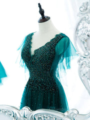 Green v neck tulle beads long Corset Prom dress, green tulle Corset Formal dress outfit, Prom Dresses2027