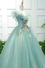 Green V-Neck Tulle Long A-Line Corset Prom Dress, A-Line Evening Corset Formal Gown outfit, Prom Dress Colorful