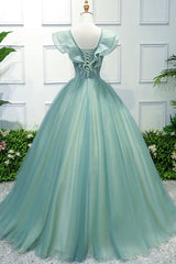 Green V-Neck Tulle Long A-Line Corset Prom Dress, A-Line Evening Corset Formal Gown outfit, Prom Dress 2031