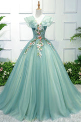 Green V-Neck Tulle Long A-Line Corset Prom Dress, A-Line Evening Corset Formal Gown outfit, Prom Dress Color