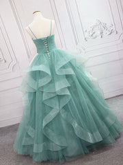 Green V Neck Tulle Long Corset Prom Dress, Green Sweet 16 Dress outfit, Prom Dress Corset Ball Gown