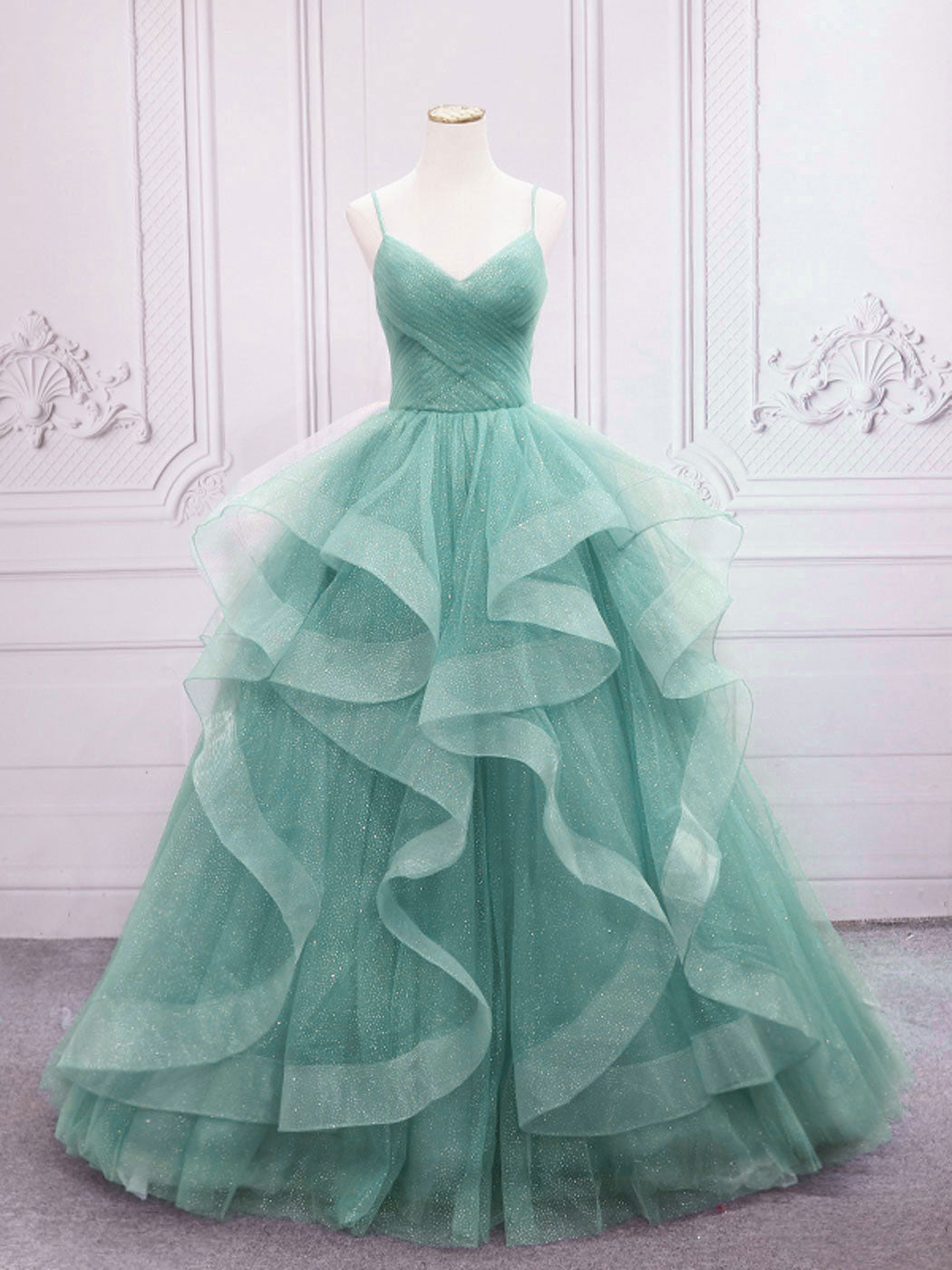 Green V Neck Tulle Long Corset Prom Dress, Green Sweet 16 Dress outfit, Prom Dresses Blue Light