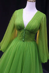 Green V-Neck Tulle Long Corset Prom Dress, Long Sleeve Green Corset Formal Evening Dress outfit, Formal Dress Wedding