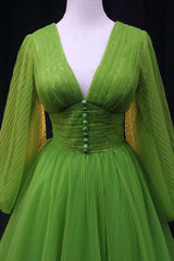 Green V-Neck Tulle Long Corset Prom Dress, Long Sleeve Green Corset Formal Evening Dress outfit, Formal Dresses Wedding