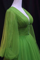 Green V-Neck Tulle Long Corset Prom Dress, Long Sleeve Green Corset Formal Evening Dress outfit, Formal Dress Websites
