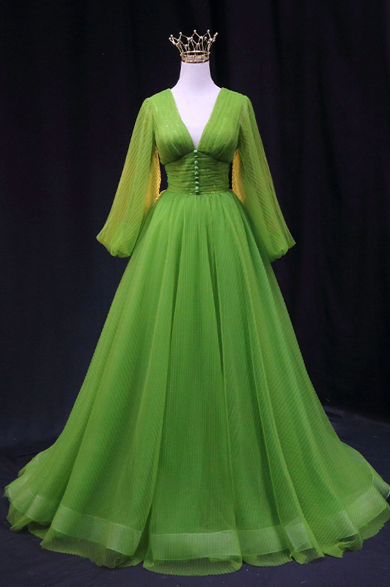 Green V-Neck Tulle Long Corset Prom Dress, Long Sleeve Green Corset Formal Evening Dress outfit, Formal Dress Idea