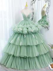 Green V Neck Tulle Long Corset Prom Dresses, Corset Ball Gown Green Sweet 16 Dresses outfit, Prom Dress 2034