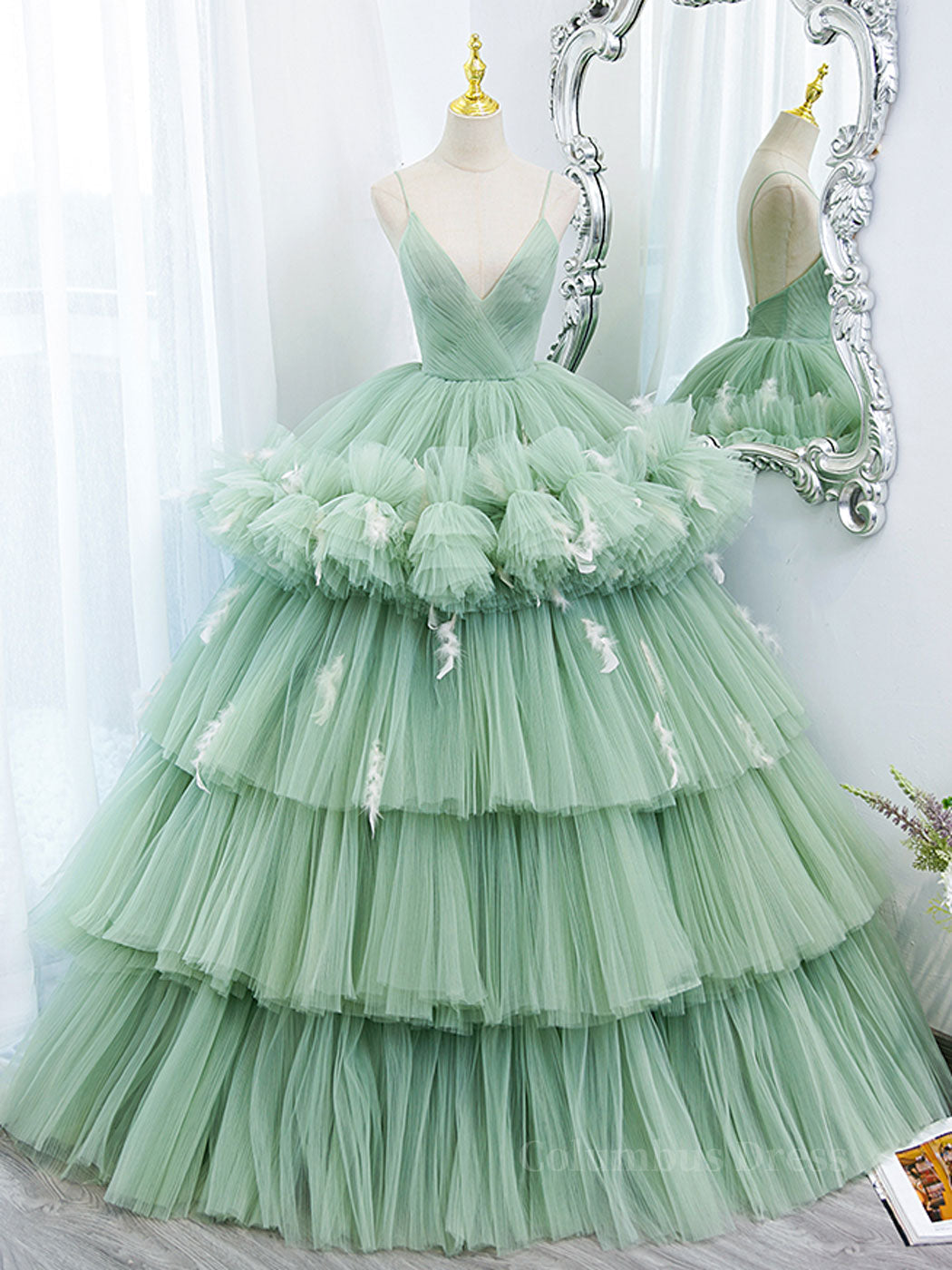 Green v neck tulle long Corset Prom gown, green tulle sweet 16 dress outfit, Prom Dresses Size 18