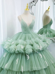 Green v neck tulle long Corset Prom gown, green tulle sweet 16 dress outfit, Prom Dress Size 18