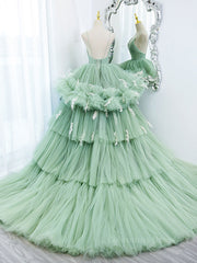 Green v neck tulle long Corset Prom gown, green tulle sweet 16 dress outfit, Prom Dresses 2024 Cheap