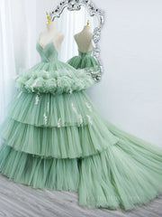 Green v neck tulle long Corset Prom gown, green tulle sweet 16 dress outfit, Prom Dresses Princess Style