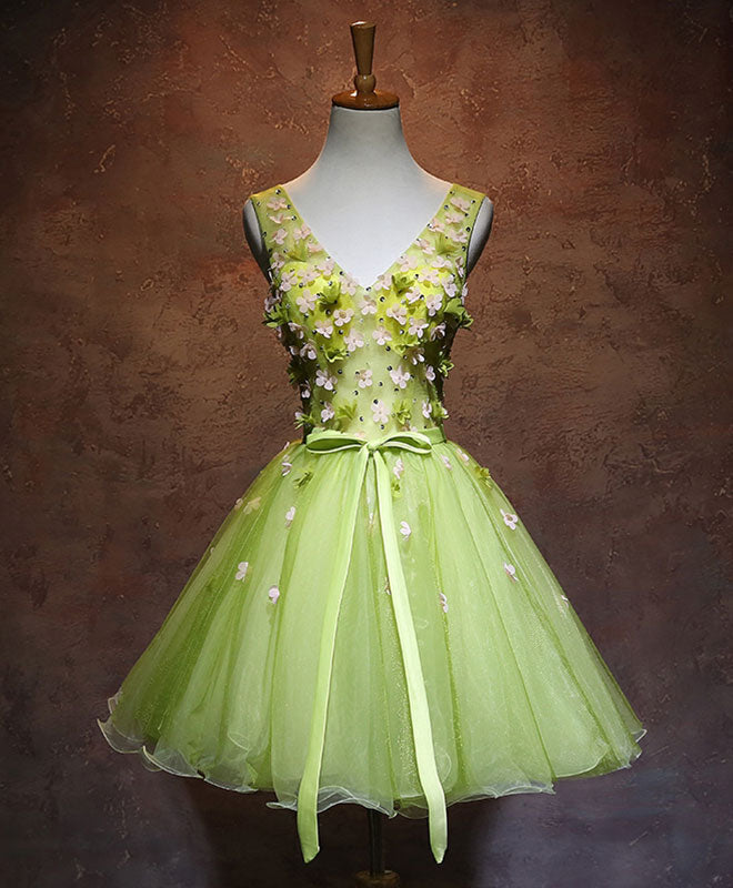Green V Neck Tulle Short Corset Prom Dress, Green Corset Homecoming Dress outfit, Formal Dress For Beach Wedding