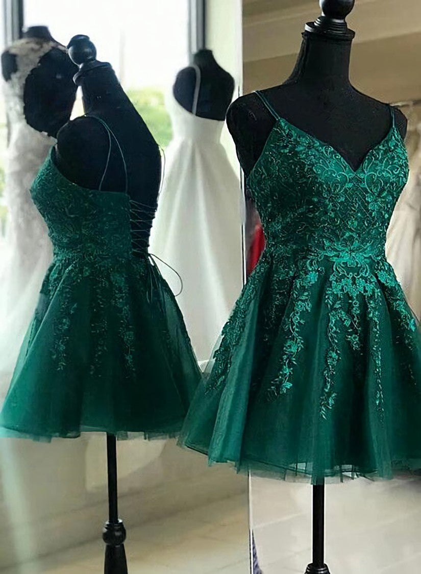 Green V-neckline Lace and Tulle Short Corset Prom Dress, Green Corset Homecoming Dresses outfit, Evening Dresses For Over 57
