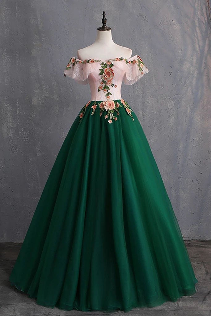 Green Off the Shoulder Floor Length Corset Prom Dress with Appliques, Puffy Quinceanera Dress outfit, Graduation Outfit
