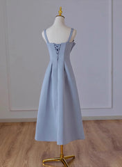 Grey Blue Tea Length Satin Straps Corset Formal Dress, A-line Corset Wedding Party Dress Outfits, Wedding Dress Style 2020