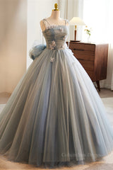 Grey Bow Tie Straps 3D Flowers A-line Long Corset Prom Dress with Bow outfit, Graduation Dress