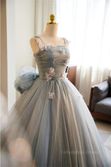 Grey Bow Tie Straps 3D Flowers A-line Long Corset Prom Dress with Bow outfit, Graduation Outfit Ideas