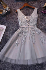 Grey Lace-up Tulle Short Corset Homecoming Dress with Lace Appliques Gowns, Party Dress Sale