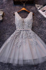 Grey Lace-up Tulle Short Corset Homecoming Dress with Lace Appliques Gowns, Party Dresses Sales