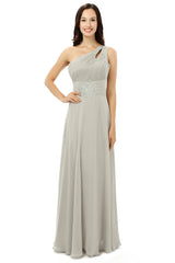 Grey One Shoulder Chiffon Pleats Beading Corset Bridesmaid Dresses LG0254 outfits, Party Dress Party