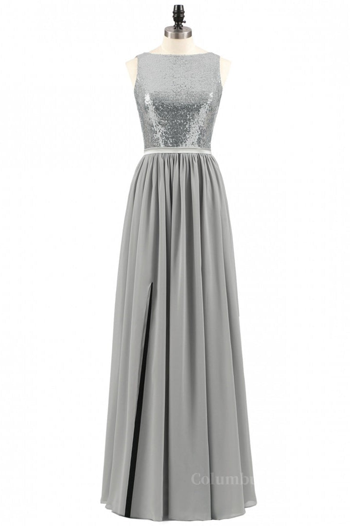 Grey Sequin and Chiffon A-line Long Corset Bridesmaid Dress outfit, Cute Prom Dress