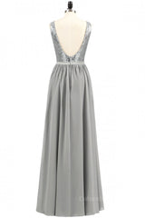 Grey Sequin and Chiffon A-line Long Corset Bridesmaid Dress outfit, Wedding Guest