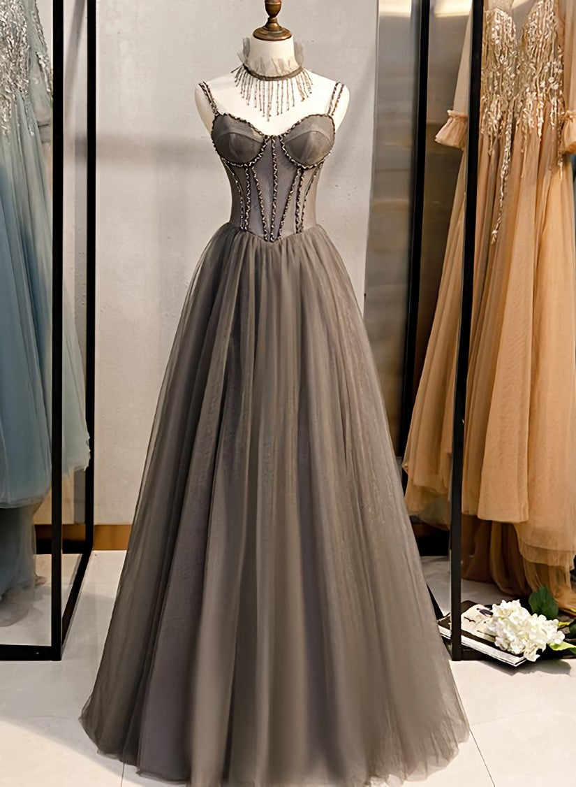 Grey Sweetheart Beaded Straps Long Tulle Corset Prom Dress, Grey A-line Corset Formal Dress Evening Dress outfit, Prom Dresses Two Piece