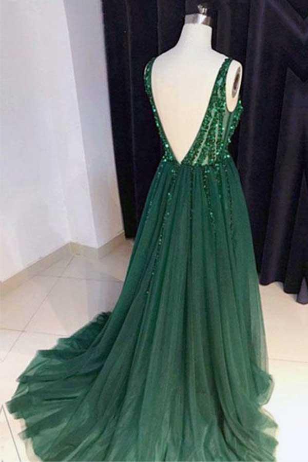 Chic A-Line V Neck Backless Dark Green Tulle Corset Prom Dress with Sequins Evening Dresses outfit, Prom Dress 2022
