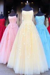 A Line Tulle Yellow Spaghetti Straps Corset Prom Dresses With Appliques Party Dresses outfit, Formal Dress Summer