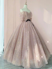 Half Sleeves Shiny Pink Corset Prom Dresses, Shiny Pink Long Corset Formal Evening Dresses outfit, Formal Dresses Website