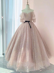 Half Sleeves Shiny Pink Corset Prom Dresses, Shiny Pink Long Corset Formal Evening Dresses outfit, Formal Dresses Wedding