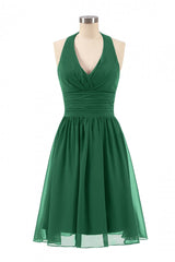 Halter A-line Green Short Chiffon Corset Bridesmaid Dress outfit, Bridal Bouquet