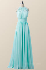 Halter Blue Chiffon Long Corset Bridesmaid Dress outfit, Homecoming Dress With Sleeves