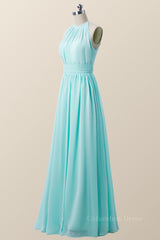 Halter Blue Chiffon Long Corset Bridesmaid Dress outfit, Homecomming Dresses With Sleeves
