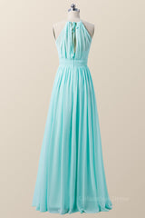 Halter Blue Chiffon Long Corset Bridesmaid Dress outfit, Homecoming Dress Floral