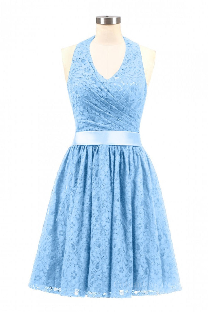 Halter Blue Lace Short A-line Corset Bridesmaid Dress outfit, Bridesmaides Dresses Long